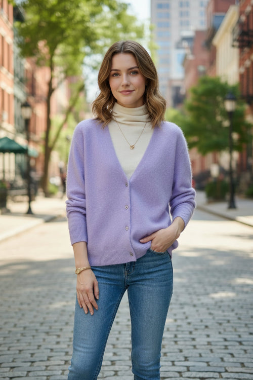 A person wearing a soft lavender cardigan over a cream turtleneck sweater, 
