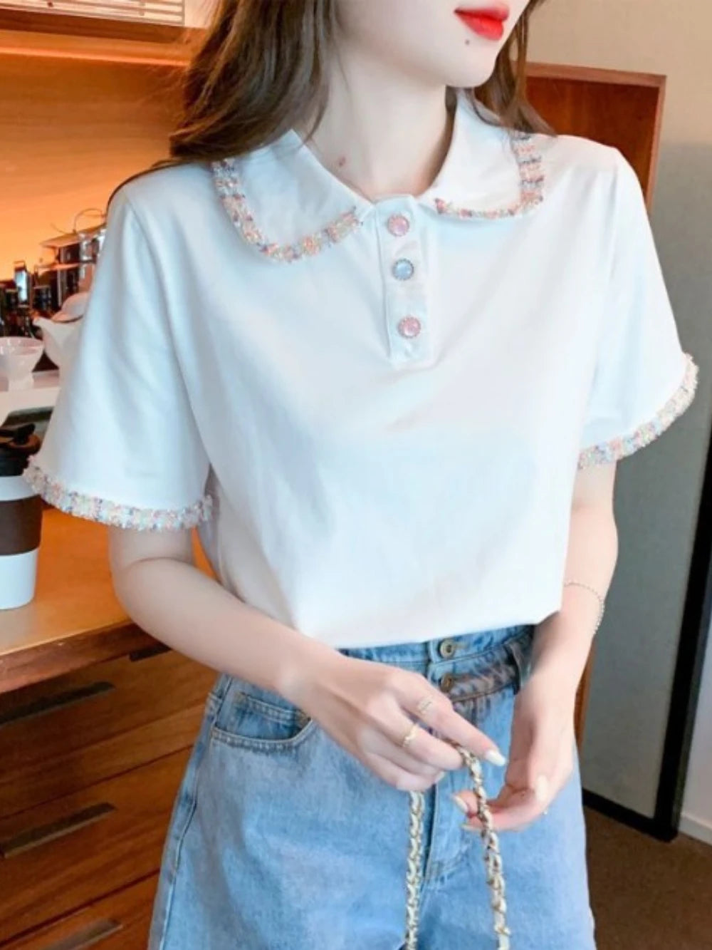Short Sleeve Button T-shirts Summer Outfit Lapel Baggy Female Tee Aesthetic Clothing Sales Y2k Fashion Youth Women's Polo Shirts