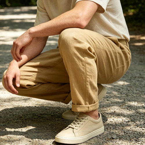 A person crouching outdoors on a gravel path wearing tan pants, a light beige short-sleeve shirt, and beige low-top sneakers.