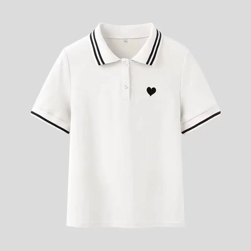 Polo Neck Shirt for Women100℅ Cotton  Woman T Embroidery Button Graphic Slim Korean Clothing Trend 2025 Youthful Elegant Style