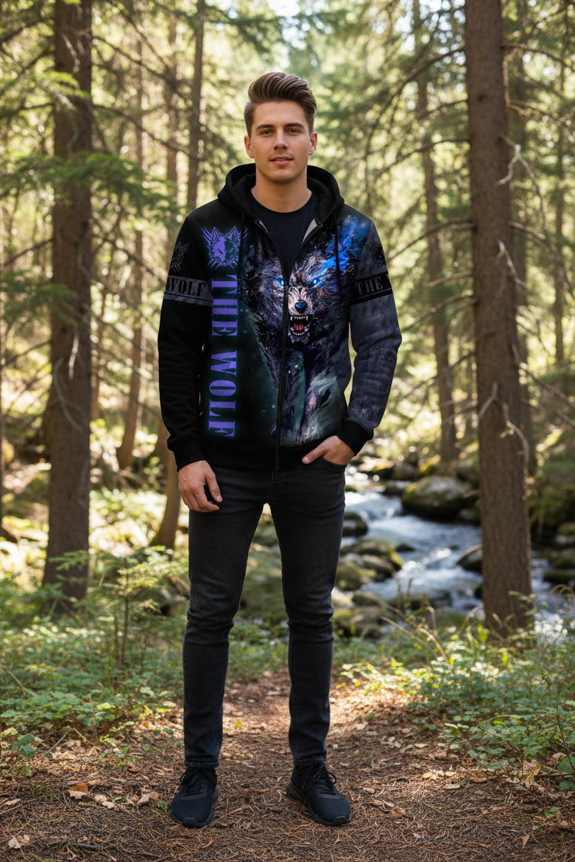 Black hoodie with a wolf design and text on a white background