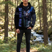 Black hoodie with a wolf design and text on a white background