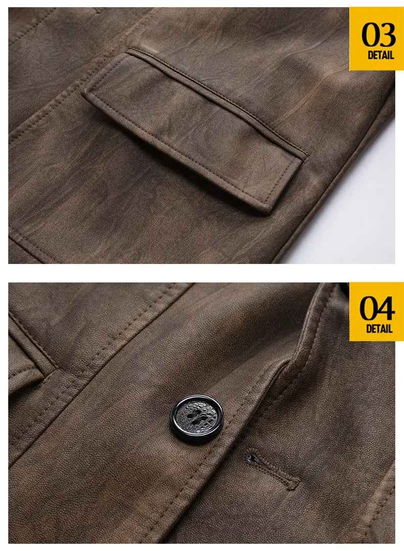 Men's Brown PU Jackets with Lapels for Fall and Winter, Dark Gray Faux Leather Coats for Spring, European Sizes S–XXXL.