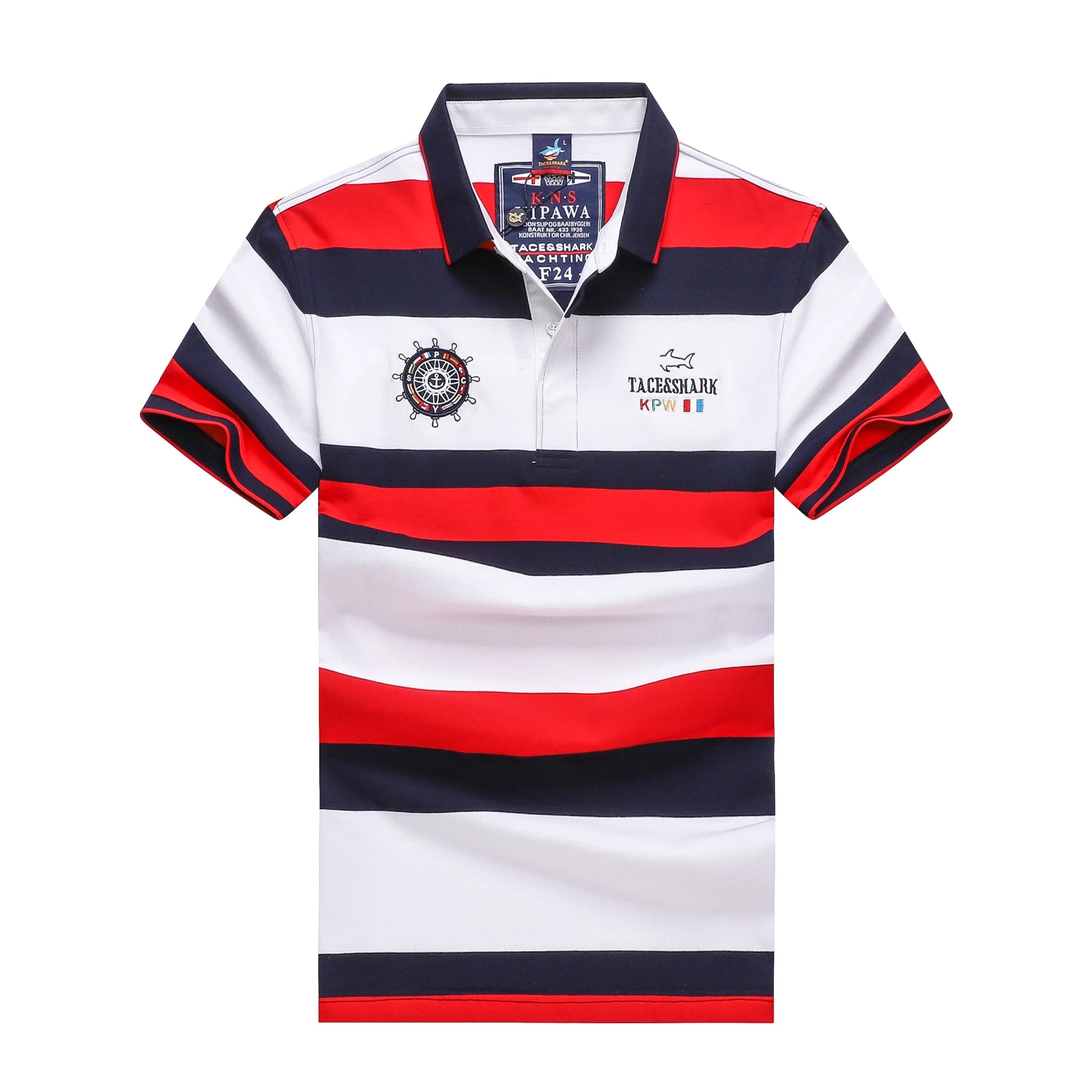 A short-sleeve polo shirt with horizontal stripes in white, red, and navy blue. The shirt features a navy blue collar, a white chest pocket with a ship's wheel emblem on the left, and the brand name 'TACOMA' printed on the right chest.