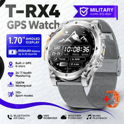 A silver and black military-style GPS watch with a mesh metal band, shown on a white and blue promotional background 