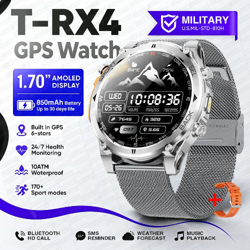 A silver and black military-style GPS watch with a mesh metal band, shown on a white and blue promotional background 