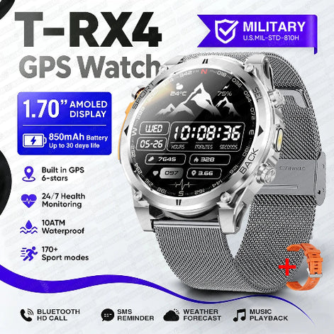 A silver and black military-style GPS watch with a mesh metal band, shown on a white and blue promotional background 