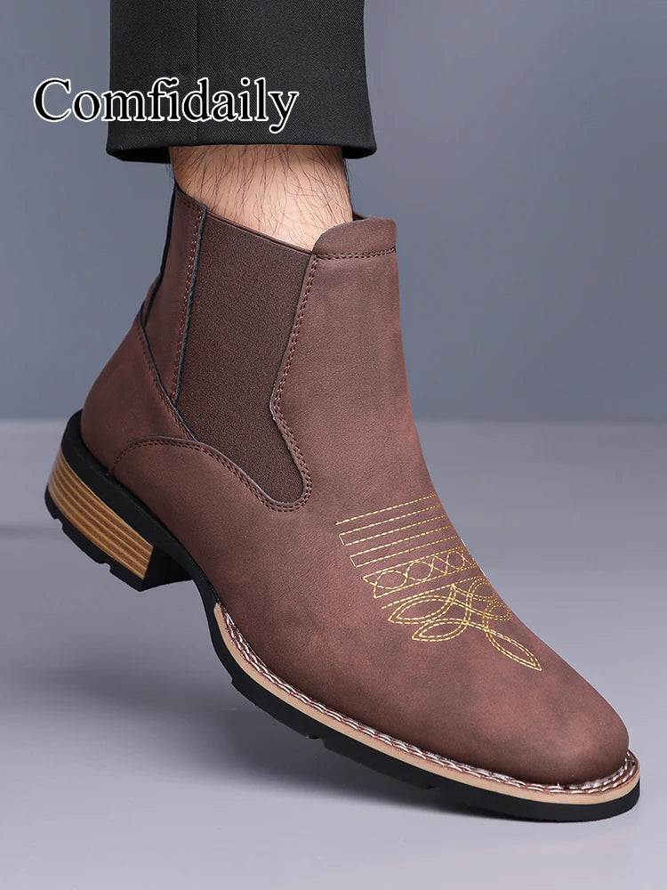 Retro Men Chelsea Boots Classic Brown Embroidery Boots High Quality Business Casual British Style Street Western Ankle Boots