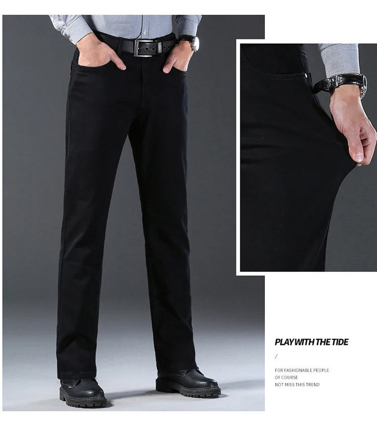 Black pants worn by a person on a gray background with a close-up inset.