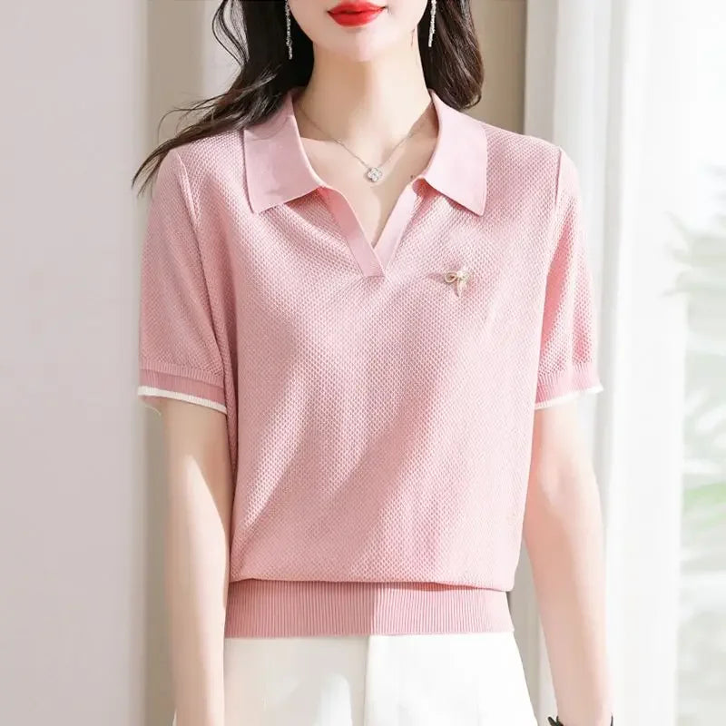 Female Tee Baggy Plain Knitted Cute T-shirts Kawaii Women's Polo Pulovers Offer Comfortable Summer 2025 with Collar New On
