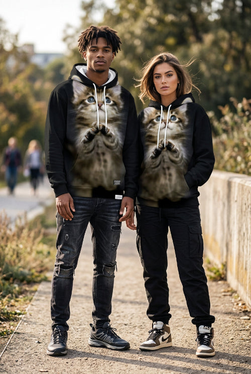 A black pullover hoodie featuring a large, realistic 3D-printed graphic of a fluffy brown tabby kitten with blue eyes 