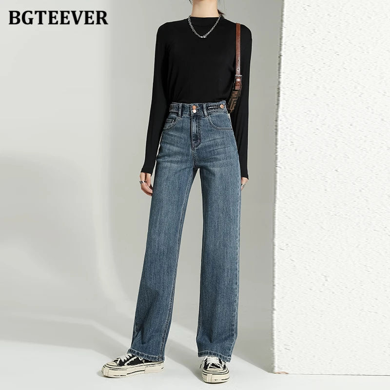 BGTEEVER Vintage Double Buttons Straight Jeans Pants Women Spring Autumn High Waist Loose Pockets Female Wide Leg Denim Trousers