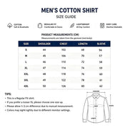 A size guide chart for men's cotton shirts showing product measurements in centimeters for sizes S through 4XL, plus a small line drawing of a shirt with labeled measurements. 