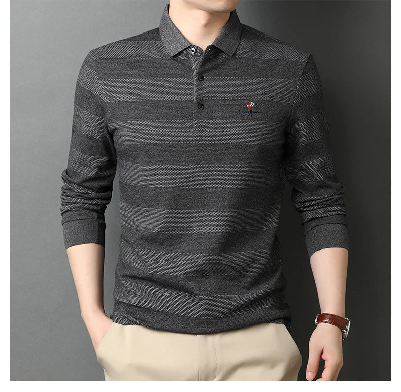 2025 High End New Fashion Brand Striped Designer Embroidery Casual Turn Down Collar Long Sleeve Polo Shirts Men Tops Men Clothes