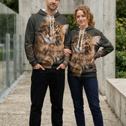 A pullover hoodie with an all-over printed photo of a fluffy brown tabby cat, shown on a plain white background.