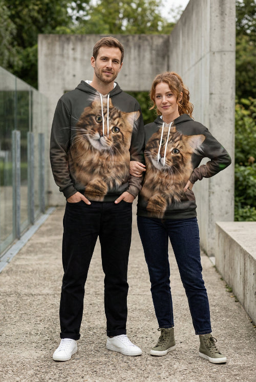 A pullover hoodie with an all-over printed photo of a fluffy brown tabby cat, shown on a plain white background.