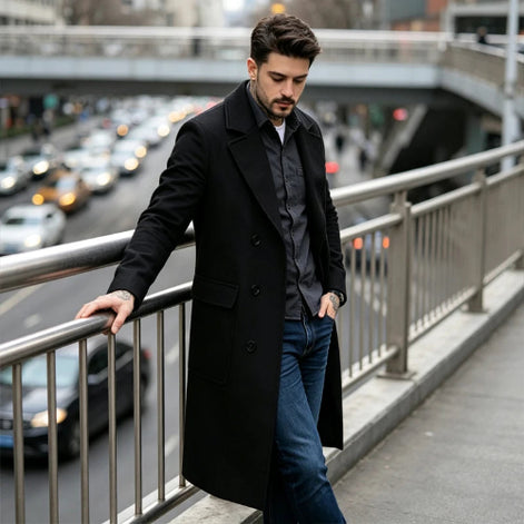 A man wearing a long black overcoat, dark gray button-up shirt, and blue jeans stands on a city overpass railing with a busy street in the background.