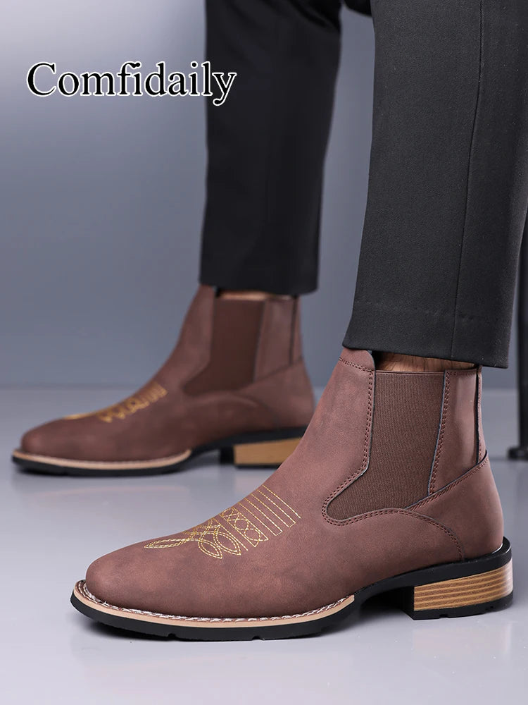 Retro Men Chelsea Boots Classic Brown Embroidery Boots High Quality Business Casual British Style Street Western Ankle Boots
