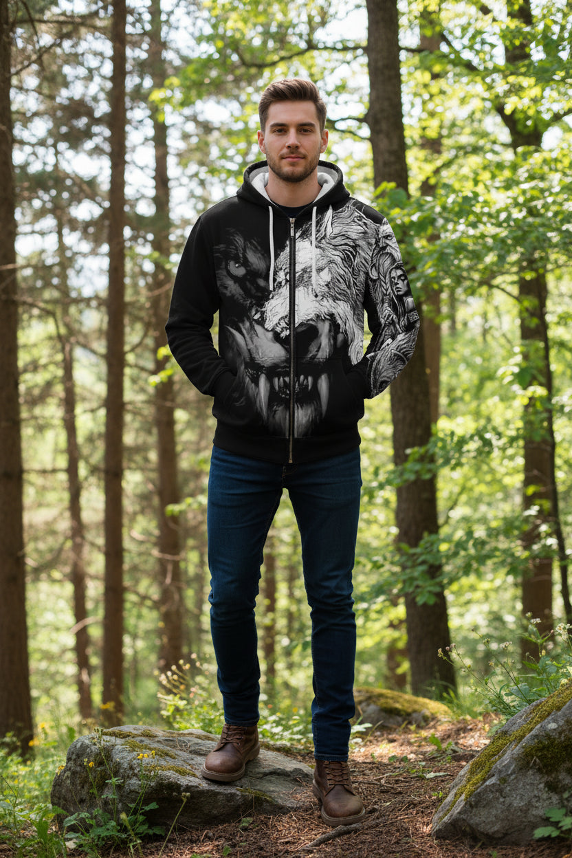 Black hoodie with a graphic design of a lion and wolf融合, featuring a warrior and tribal elements.