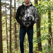 Black hoodie with a graphic design of a lion and wolf融合, featuring a warrior and tribal elements.