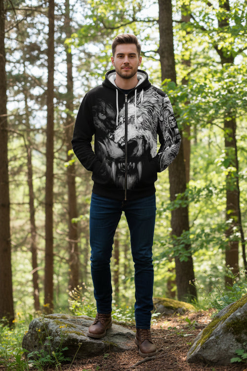 Black hoodie with a graphic design of a lion and wolf融合, featuring a warrior and tribal elements.
