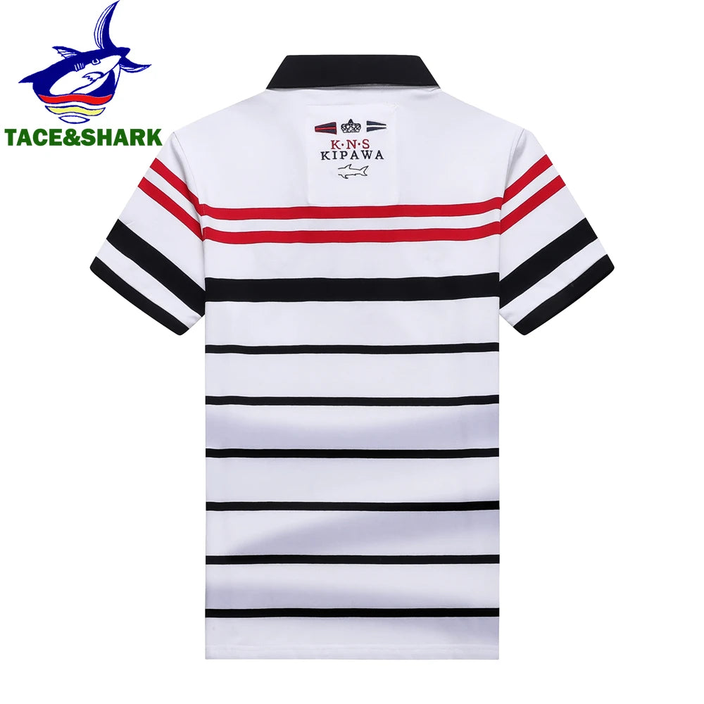 White short-sleeve polo shirt with horizontal black and red stripes, featuring a black collar and 'KNS KIPAWA' text with a shark graphic on the back. The TACE&SHARK brand logo is visible in the top-left corner.