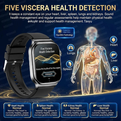 Smartwatch with Five Viscera Health Detection technology displayed on a blue background with anatomical illustrations.