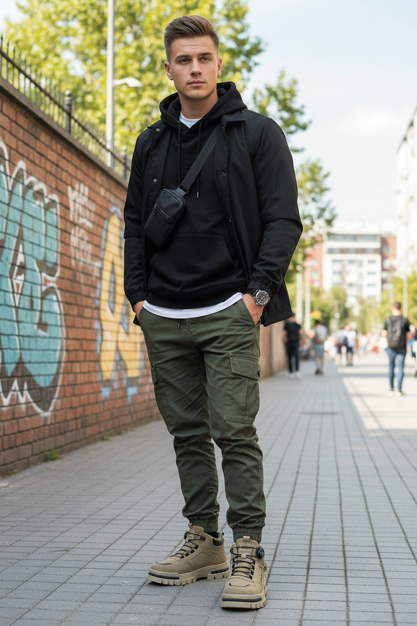 Beige fashion sneakers with black accents on a wooden surface