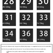 A size recommendation table chart with nine black boxes showing numbers 28 to 38 and weight ranges in kg, plus explanatory text below.