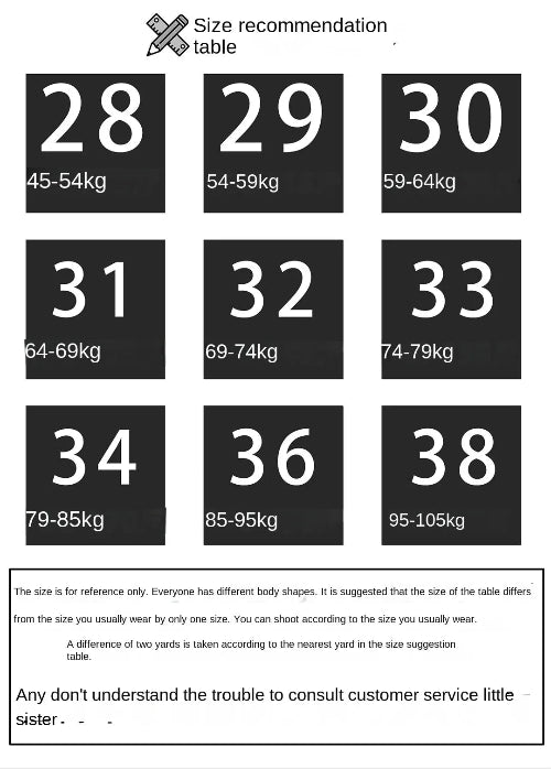 A size recommendation table chart with nine black boxes showing numbers 28 to 38 and weight ranges in kg, plus explanatory text below.