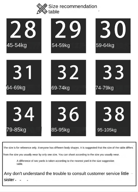 A size recommendation table chart with nine black boxes showing numbers 28 to 38 and weight ranges in kg, plus explanatory text below.