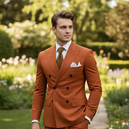 Orange suit with a white shirt and brown tie on a white background
