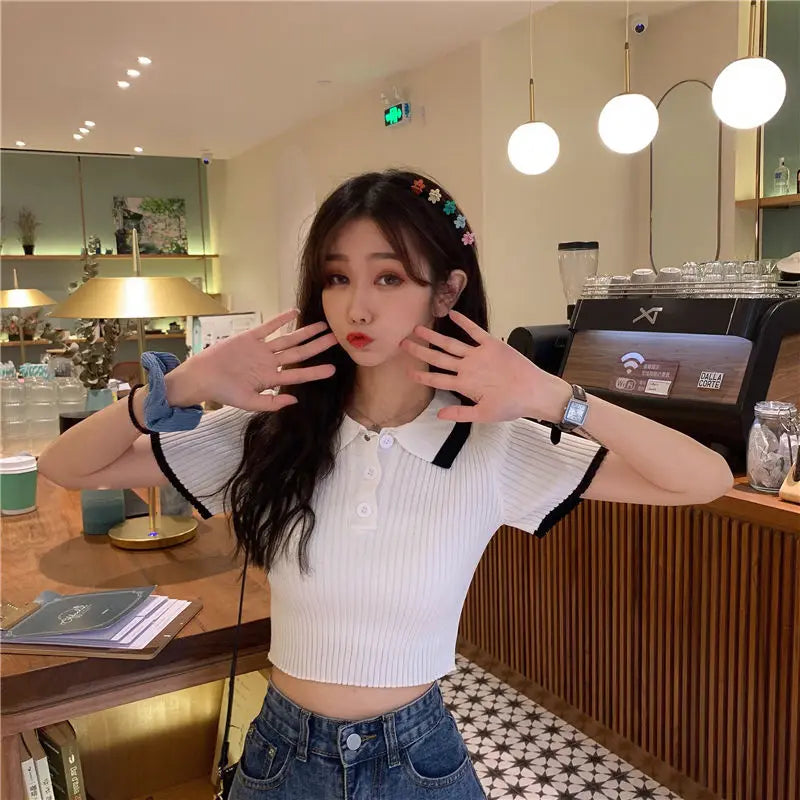 Women's Polo Shirts Sexy Crop Top Button Female Tee Knitted Slim with T-shirts Collar Korean Clothing Pulovers Trend 2025 Summer