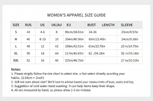Size chart for clothing with measurements in centimeters and inches.