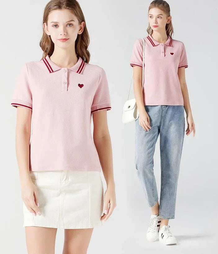 Polo Neck Shirt for Women Button 100℅ Cotton White Embroidery Baggy Woman T Pulovers High Quality Korean Popular Clothes Youth