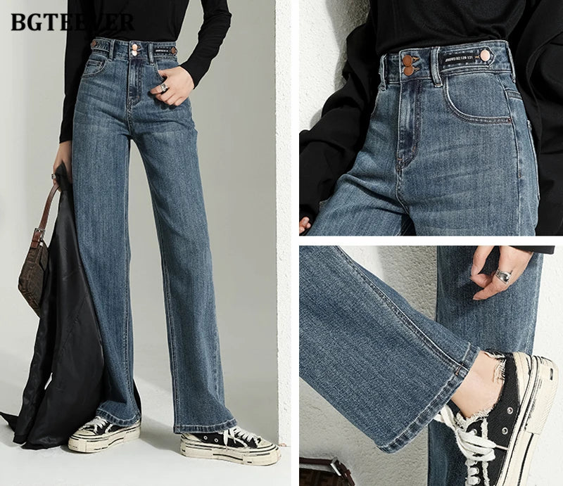 BGTEEVER Vintage Double Buttons Straight Jeans Pants Women Spring Autumn High Waist Loose Pockets Female Wide Leg Denim Trousers