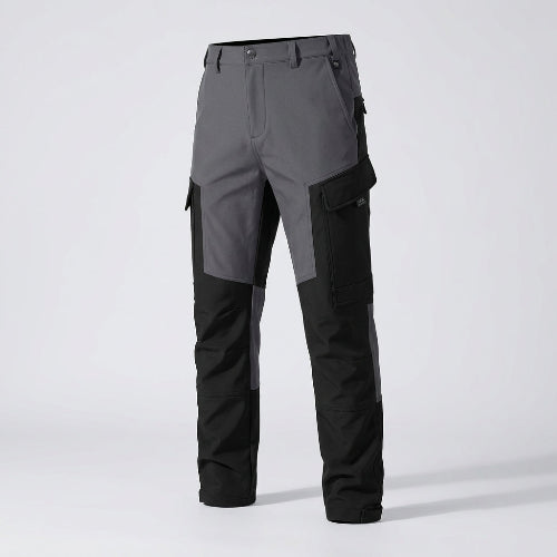 Black and gray cargo pants shown at an angle with a flame graphic overlay.