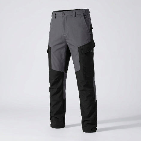 Black and gray cargo pants shown at an angle with a flame graphic overlay.