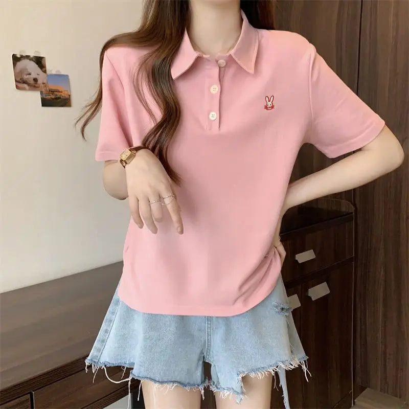 Pink Woman 100℅ Cotton Tshirt Embroidery Polo Neck T Shirt for Women Korean Clothing Y2k Fashion High Quality Youthful Elegant