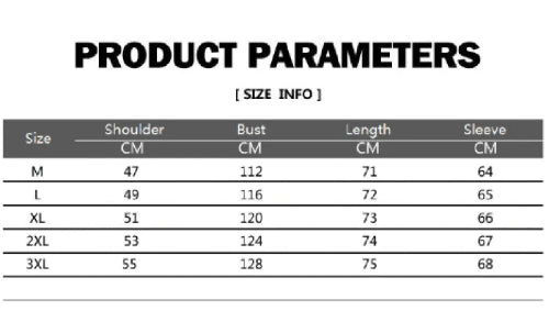 Product parameters table for size information with shoulder, bust, length, and sleeve measurements.