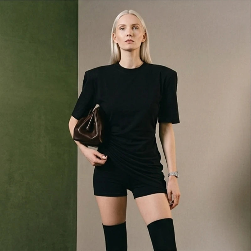 Versatile Regular-shoulder T-shirts Women Casual White Round Neck Irregular Hem Pleated Short Top Summer Lady Street Wear New