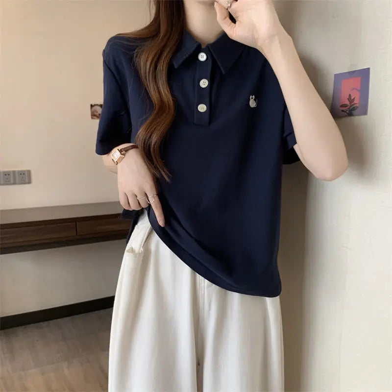 Pink Woman 100℅ Cotton Tshirt Embroidery Polo Neck T Shirt for Women Korean Clothing Y2k Fashion High Quality Youthful Elegant