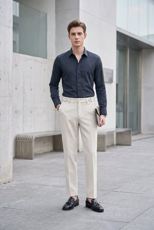 Person wearing beige textured pants with a blurred background