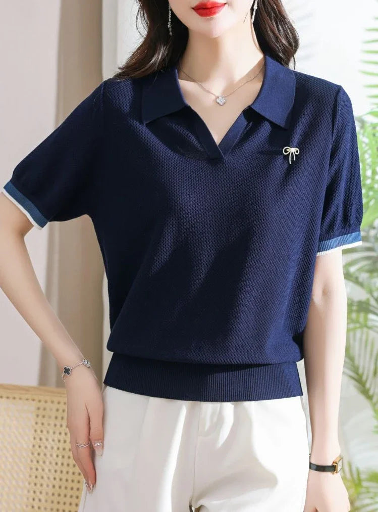 Female Tee Baggy Plain Knitted Cute T-shirts Kawaii Women's Polo Pulovers Offer Comfortable Summer 2025 with Collar New On