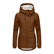 Front view of a brown hooded jacket with white fleece-look hood lining, drawstrings, a high snap-button collar and buttoned front pockets⠋