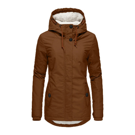 Front view of a brown hooded jacket with white fleece-look hood lining, drawstrings, a high snap-button collar and buttoned front pockets⠋