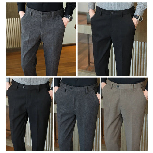 Four-panel collage showing men's tailored trousers in different colors, with the lower half of a model's body visible in each panel. The pants are shown in gray, black, and taupe, 