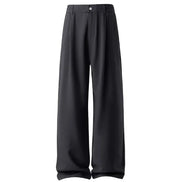 Black wide-leg cropped pants with an elastic waistband and a single button closure, shown against a plain white background.