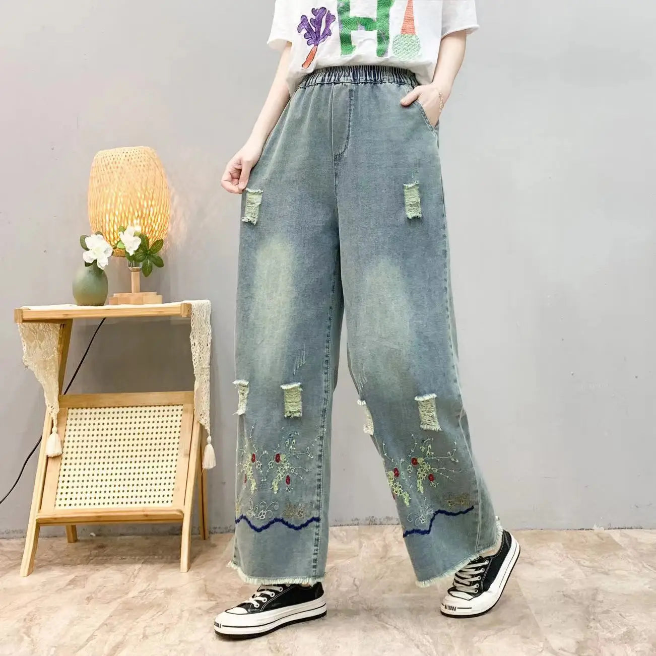 Spring Summer Ethnic Style Vintage Floral Embroidery Denim Wide Leg Pants Women High Elastic Waist Hole Casual Straight Jeans