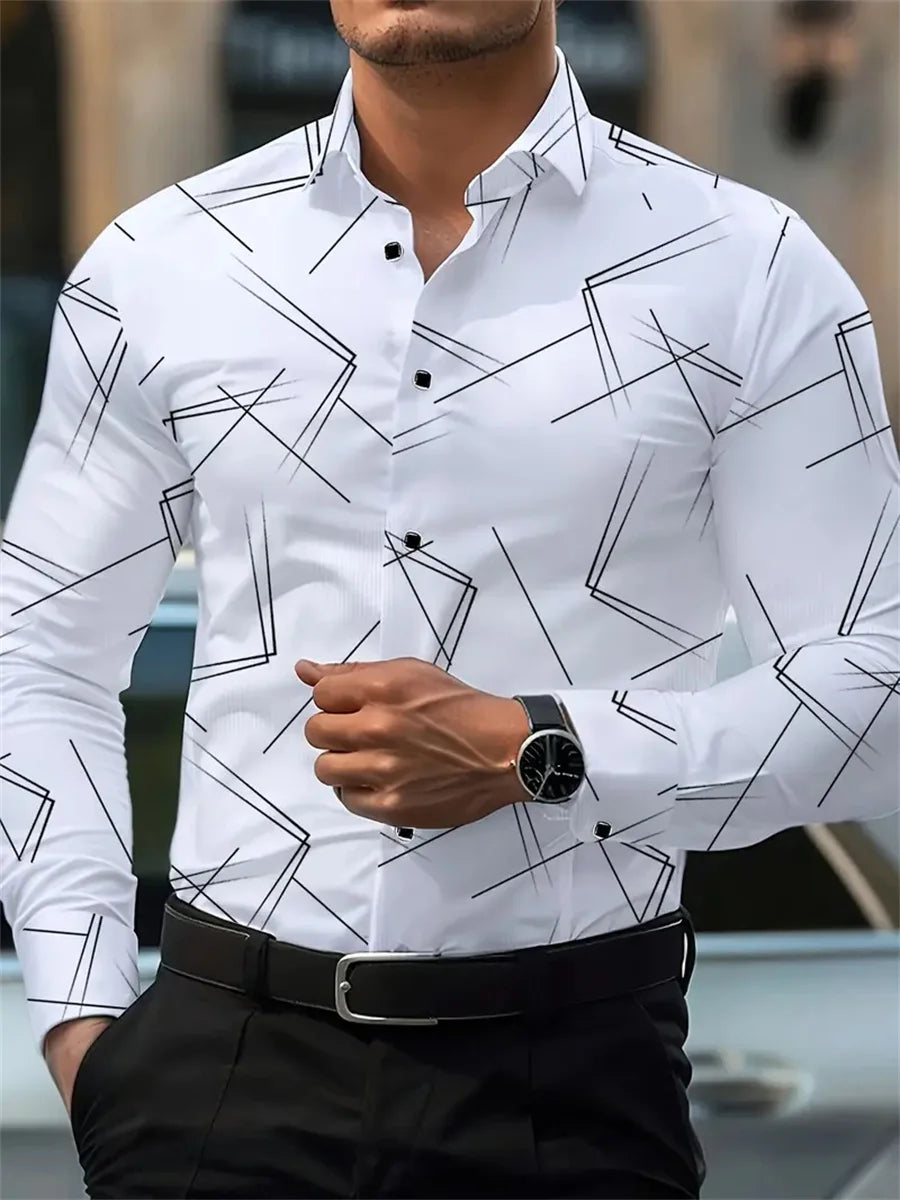 Men's Slim Fit Long-Sleeved Geometric Line Print Shirt - Non-Iron